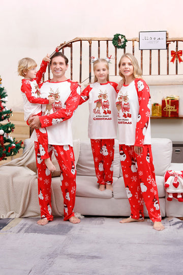Pijama familiar a juego navideño rojo con estampado de muñeco de nieve